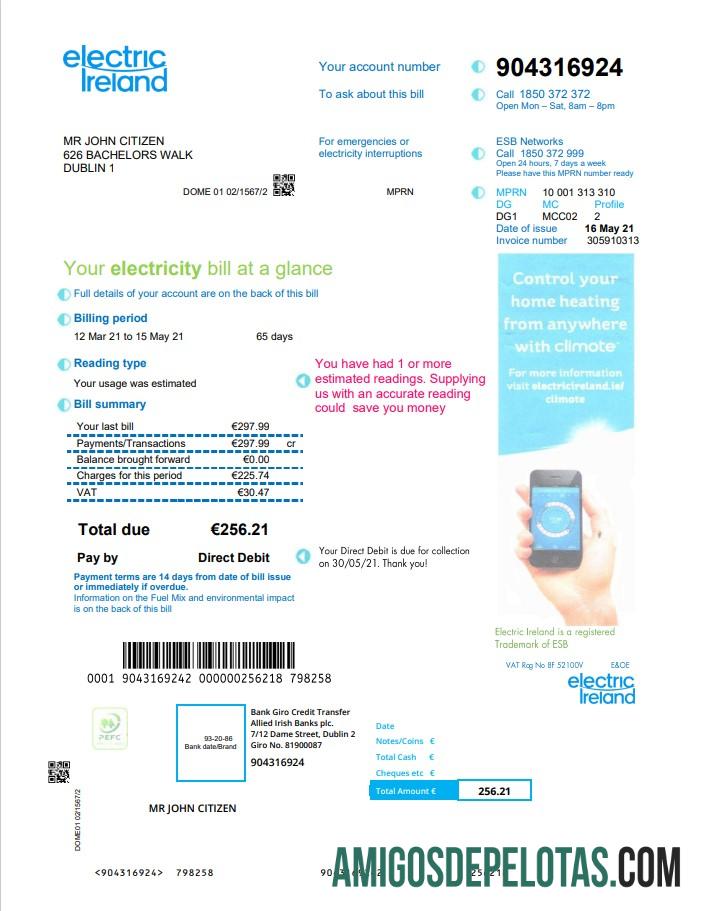 Conta de serviços públicos da Irlanda Electric Ireland amostra